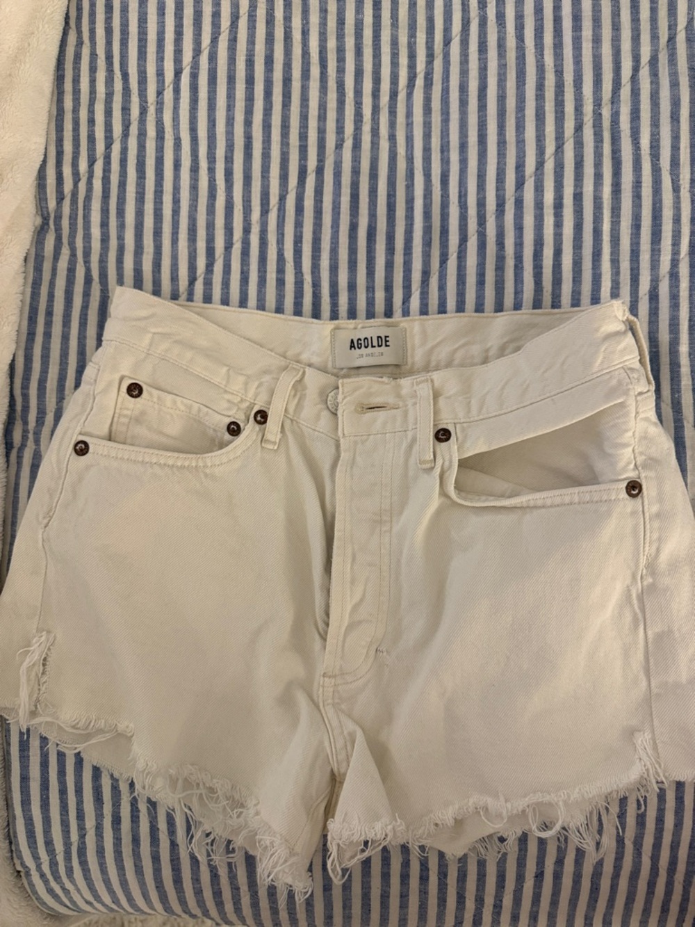 Agolde White Frayed Hem Denim Shorts